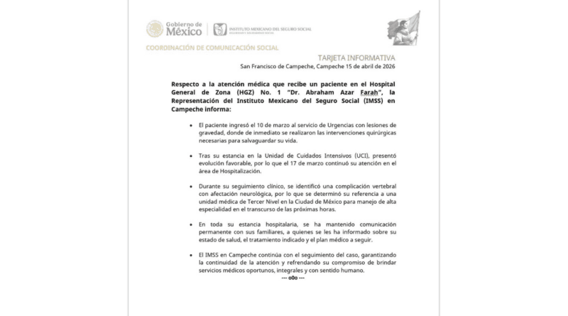 IMSS CAMPECHE ENVIARÁ A PACIENTE A LA CDMX POR COMPLICACIÓN NEUROLÓGICA; EVOLUCIONABA BIEN PERO LUEGO DETECTAN PROBLEMA